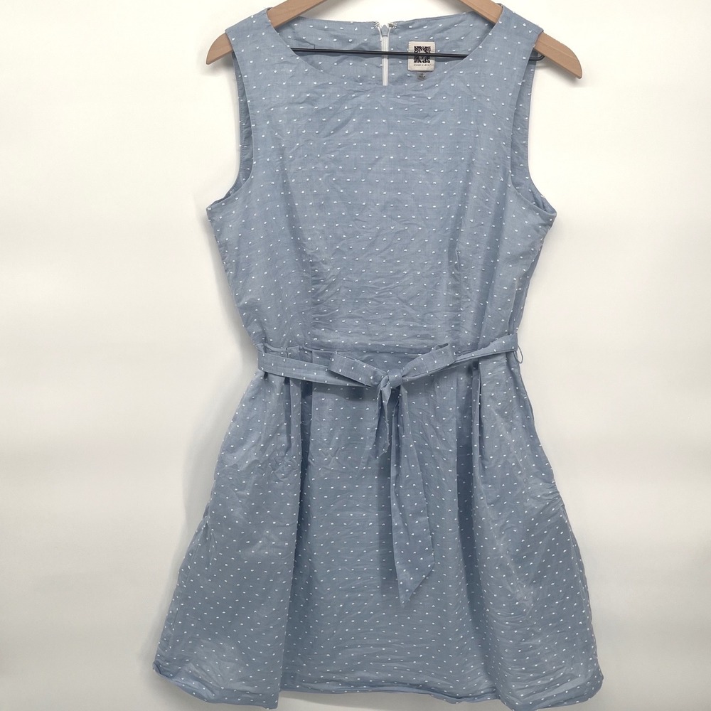 Anne‎ Klein Fit & Flare Dress Womens 10 Blue Swiss Dot Belted Sleeveless Preppy